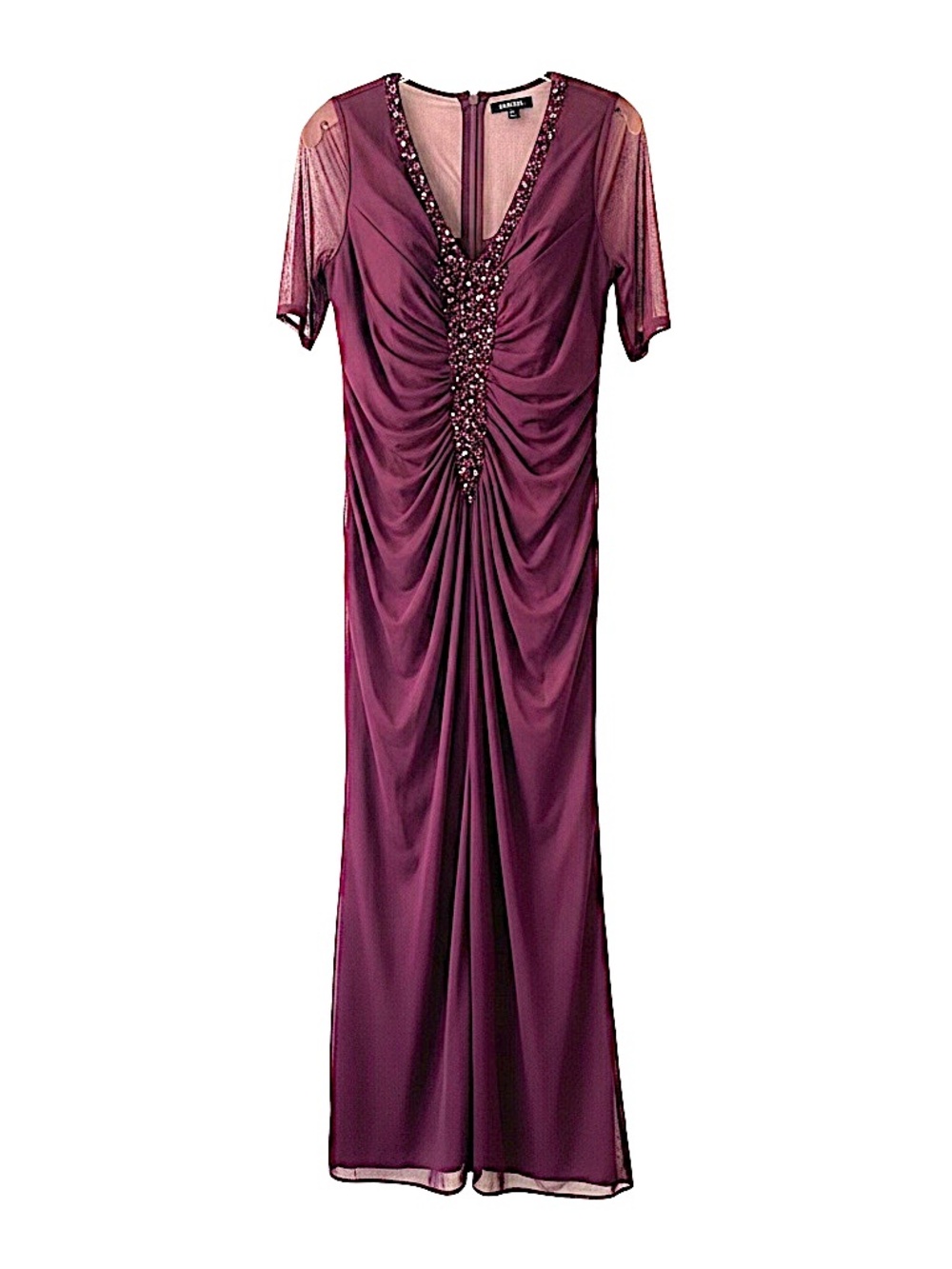 Onyx Nite Plum Purple Ruched Beaded Evening Gown Maxi Dress Sz 14 NWT